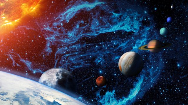 Vue d'artiste des planètes vues de l'espace alignées avec la Terre et le Soleil en vue