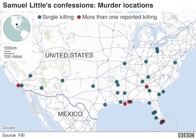 Map of deaths linked to Little from FBI data