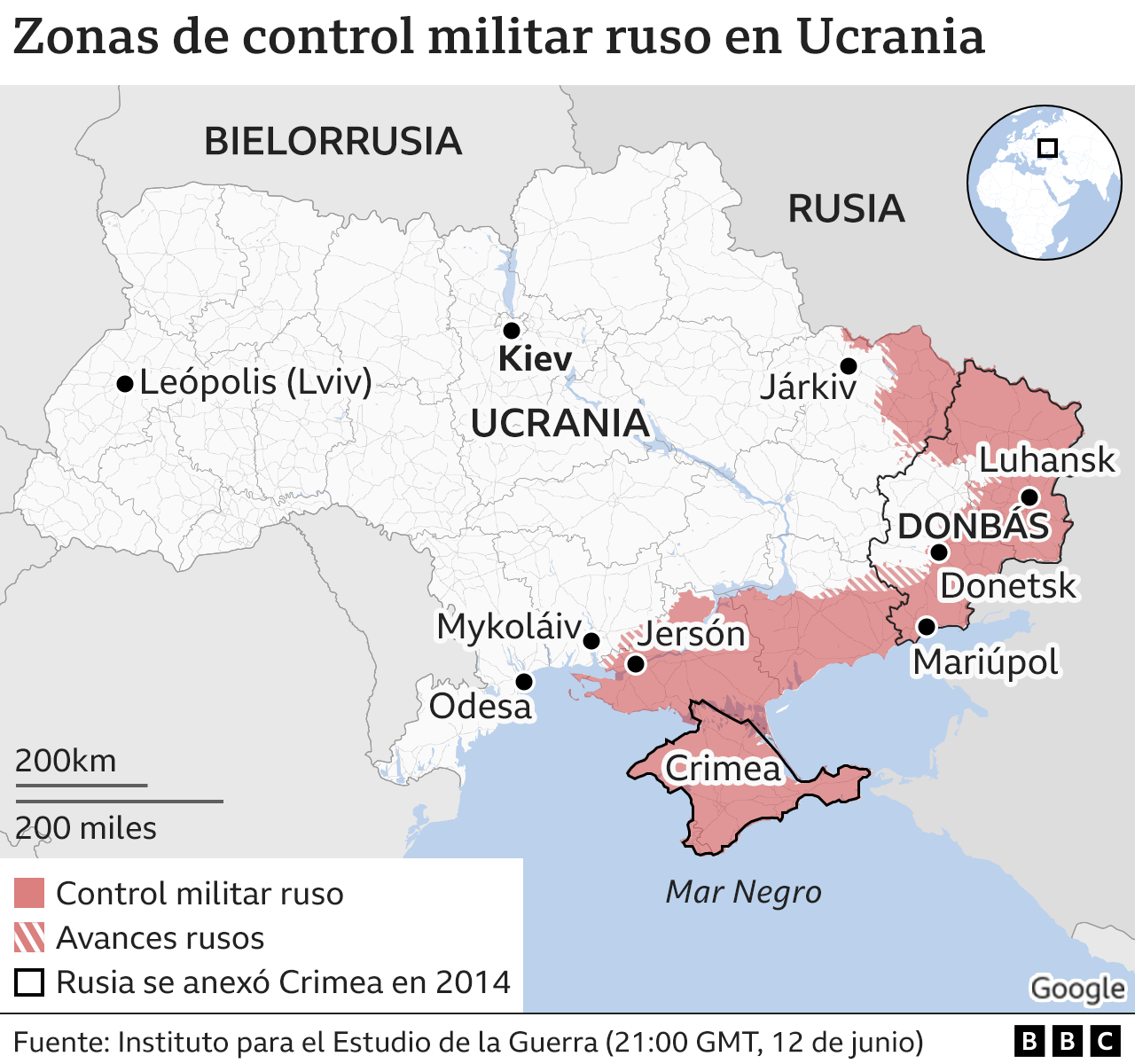 Mapa con las zonas controladas militarmente por Rusia en Ucrania.