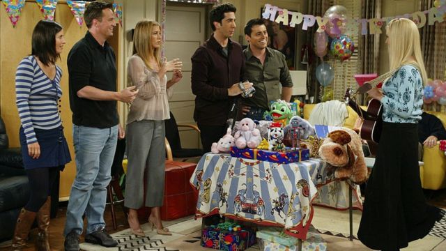 Still from the TV show Friends, where all the characters are celebrating a birthday