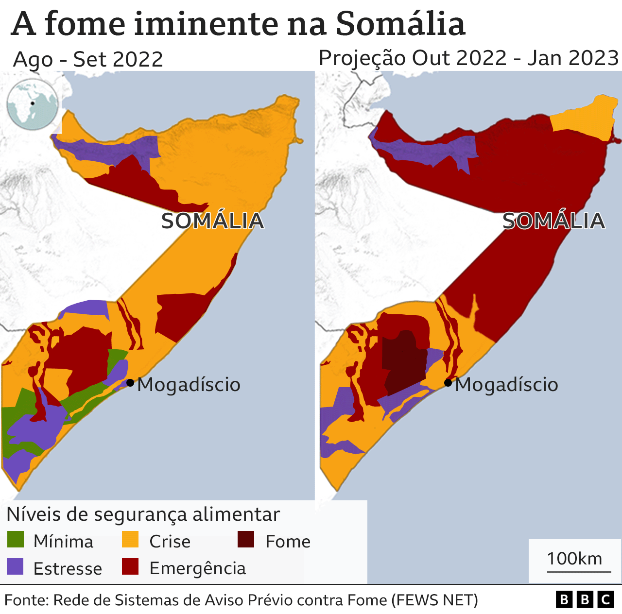 Mapa da Somália projetando aumento da fome nos próximos meses