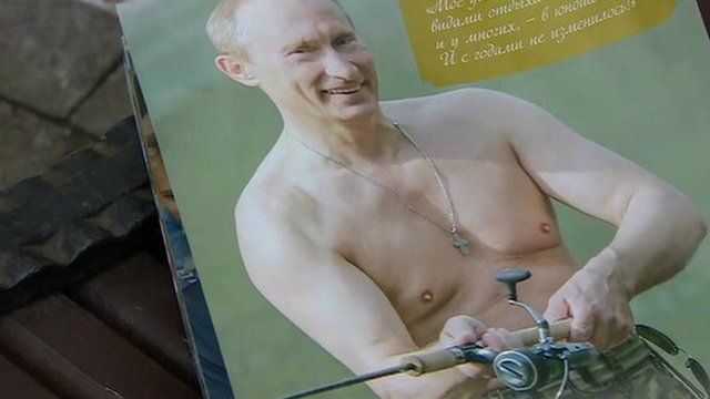 Putin, bare-chested holding his fishing rod - a calendar image