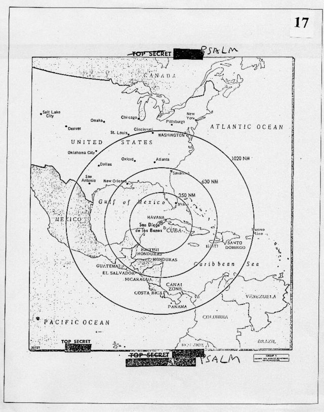 Mapa presentado en la primera sesión del EXCOMM que mostraba el alcance de los misiles nucleares soviéticos presentes en Cuba.