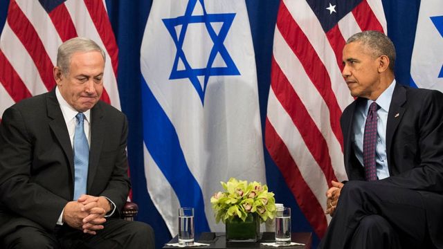Prime Minister of Israel Benjamin Netanyahu speaks to President Barack Obama during a bilateral meeting in 2016