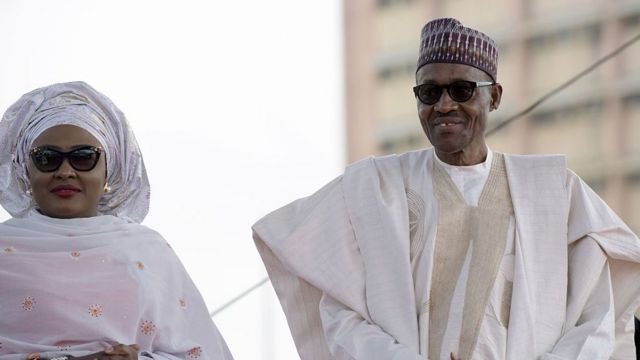 Aisha Buhari (left) and Muhammadu Buhari (right)