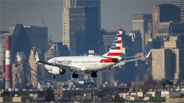 An American Airlines Boeing 737 Max 8, on a flight from Miami to New York City, lands at LaGuardia Airport on Monday morning, March 11, 2019 in the Queens borough of New York City
