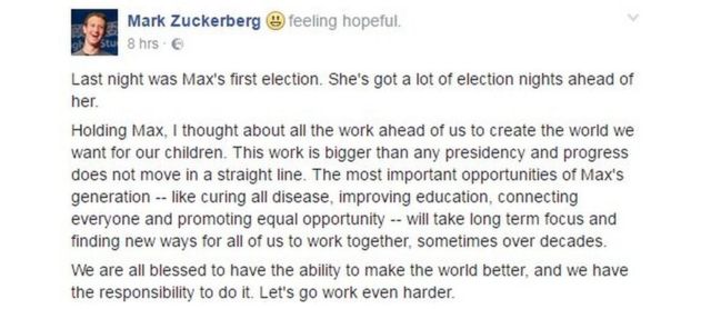 Post de Mark Zuckerberg publicado la noche de las elecciones.