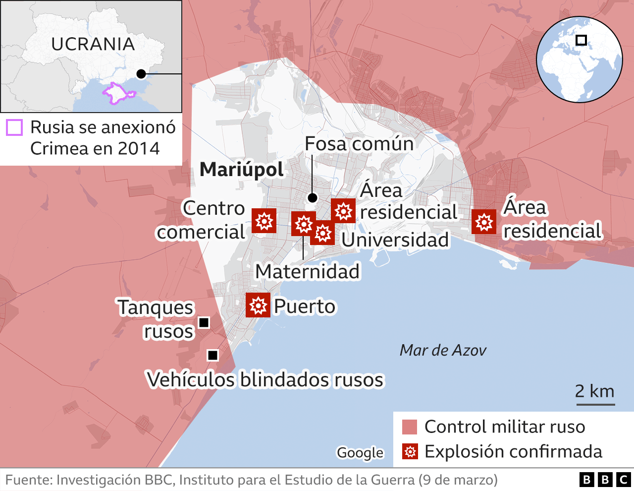 Mapa de localidades clave en Mariúpol