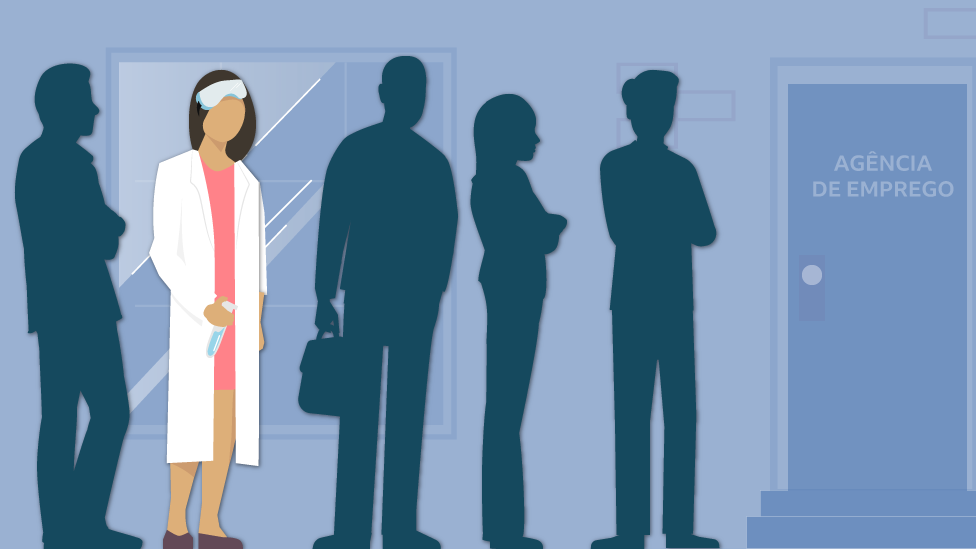 Ilustração mostrando cientista na fila de emprego