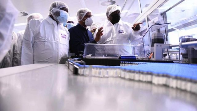 President Cyril Ramaphosa during a visit to a factory in South Africa the Janssen vaccine will be produced, March 2021