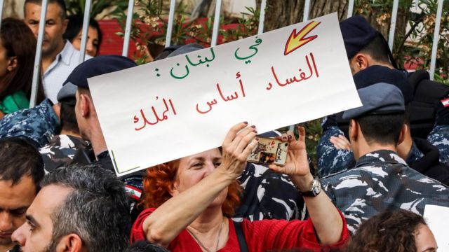 A Lebanese protester raises a banner denouncing corruption