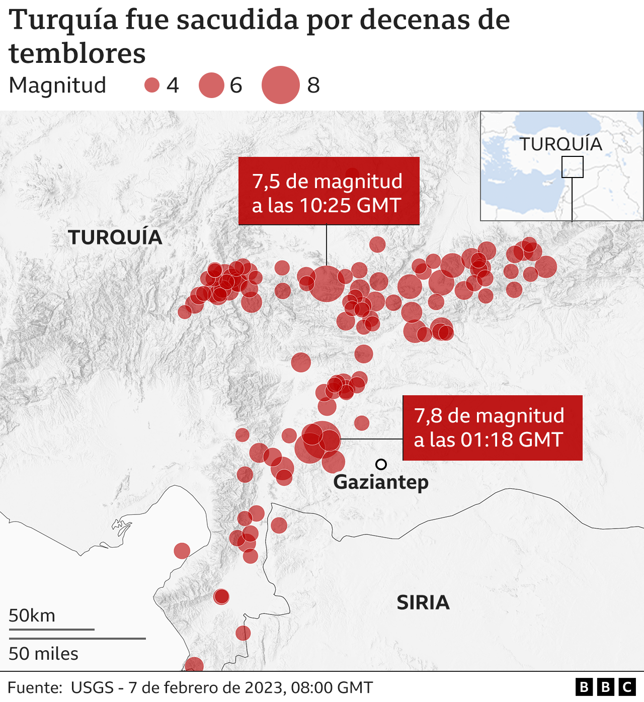 Mapa de Turquía y Siria y los temblores que registró el 6 de febrero de 2023.