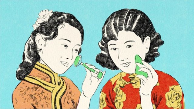 Ilustração de duas mulheres chinesas cuidando da pele