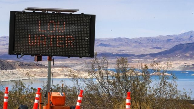 A sign warns visitors of the droughts effect at Hemenway Harbor, Lake Mead, Nevada Monday, June 28, 2021.