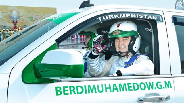 Turkmen President Gurbanguly Berdimuhamedow at the wheel of a rally car