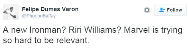 「新しいアイアンマン? リリ・ウィリアムズ? マーベルは時代に合わせようと必死だ」というツイート