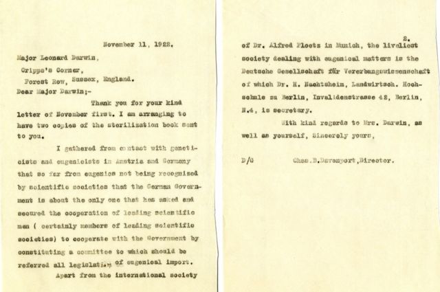 Carta del eugenesista de EE.UU. Charles Benedict Davenport (1866-1944) hablando de la aceptación de la eugenesia en Austria y Alemania.