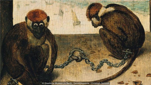 勃鲁盖尔可能是在模仿法布里亚诺的绘画，以揭示画作核心的谦卑象征。
