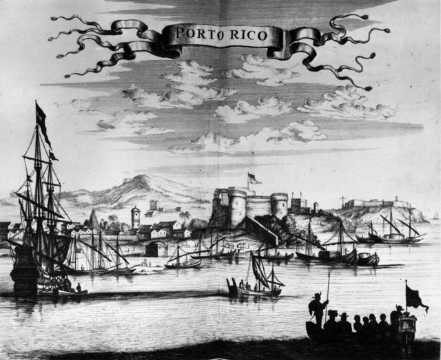 1671, Porto Rico (Puerto Rico) y su castillo visto desde el puerto. Trabajo origina: Ogilvy's America