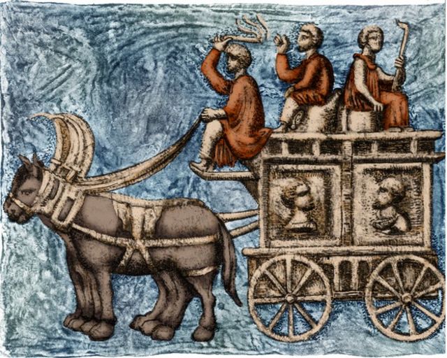 Carro funerario romano de cuatro ruedas o vagón ambulante. A lo largo de su imperio, los romanos usaron varios vehículos para viajar. El carrus (carro) era un carro abierto que transportaba un conductor y un pasajero y era halado por caballos.