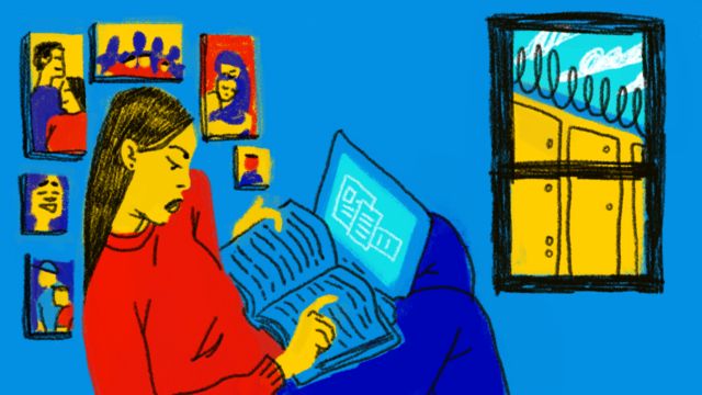 Ilustración de una joven en su casa.