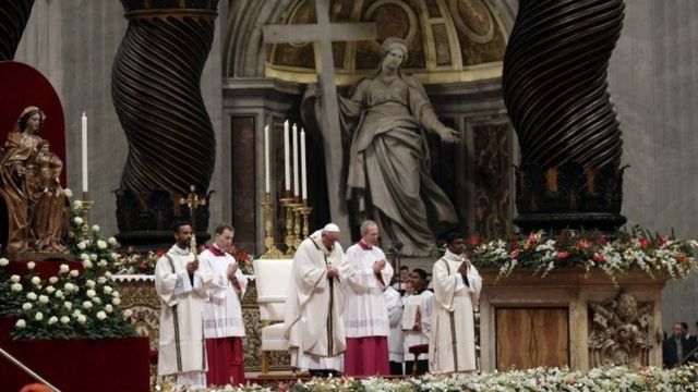Pope Francis celebrates the Christmas Eve Mass in St. Peter's Basilica at the Vatican, Saturday, Dec. 24, 2016.