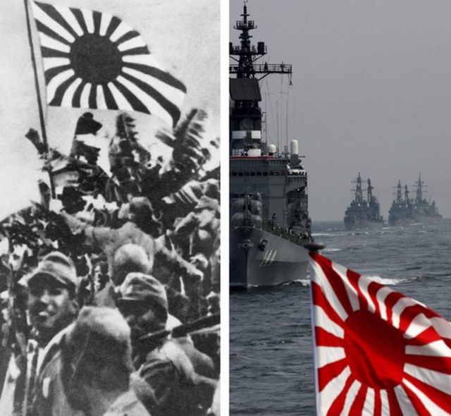 Composite of Japanese WWII soldiers waving rising sun flag and rising sun flag over modern Japanese naval ship