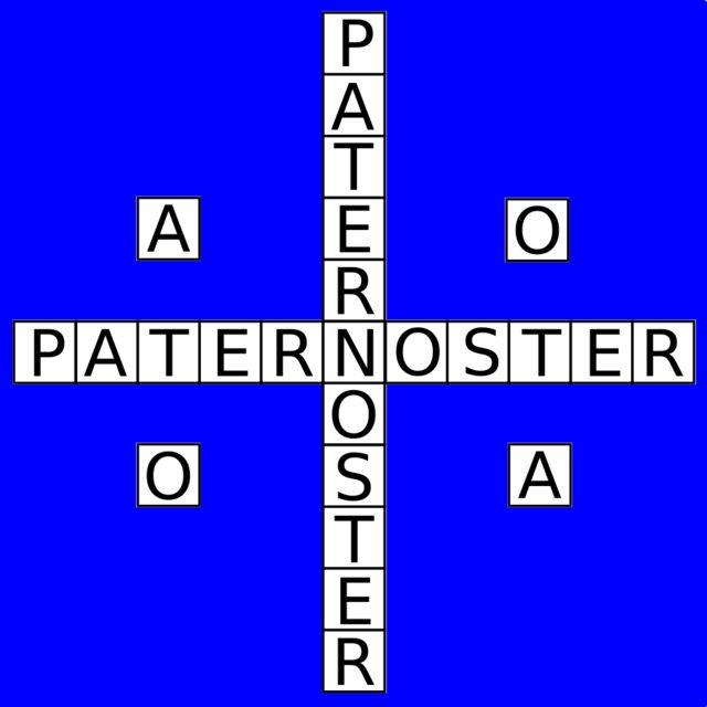 Paternoster horizontal y vertical formando una cruz que se cruza en la N y las letra A y O repetidas a cada lado.