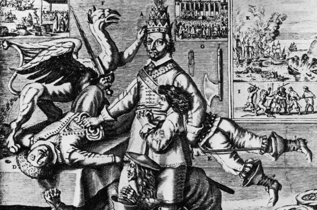 Ilustración de Oliver Cromwell luchando contra sus varios rivales