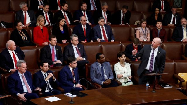 Representative of the Republican Party.  Chip Roy nominates Republican Rep. Jim Jordan to challenge Republican Speaker Kevin McCarthy as McCarthy listens before the runoff for House Speaker at the U.S. Capitol in Washington.