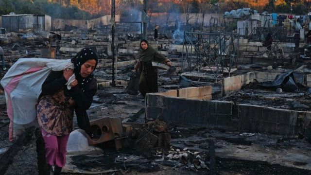 The burning of a camp for Syrian refugees in Lebanon 