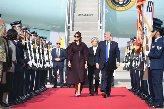 US President Donald Trump and First Lady Melania Trump arrive in Osan, South Korea, 7 September 2017.
