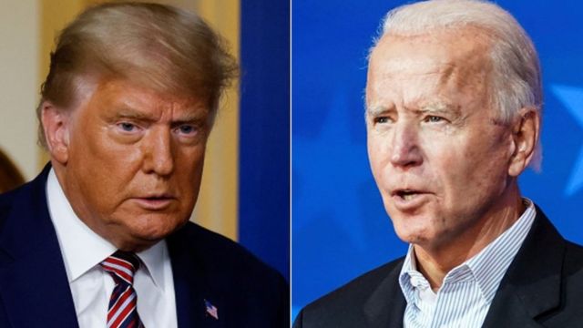 Montagem com fotos de Trump e Biden, ambos olhando para o lado