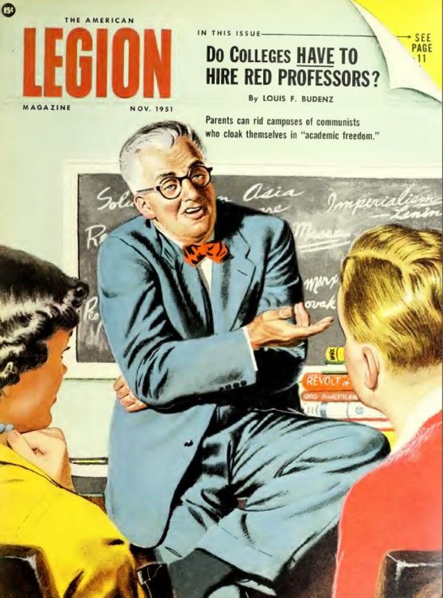 Capa da Revista American Legion, de 1951, com o título: 'Universidades devem contratar professores vermelhos? Os pais podem livrar os campi universitários de comunistas que se encobrem sob o manto da liberdade acadêmica'