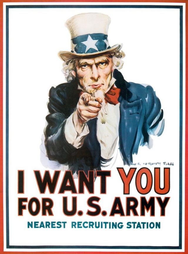 الملصق الإعلاني الذي صممه جيمز مونتغومري فلاغ لحملة التجنيد بالجيش الأمريكي خلال الحرب العالمية الأولى