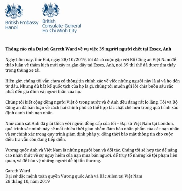 Thông cáo của Đại sứ Anh tại Việt Nam Gareth Ward