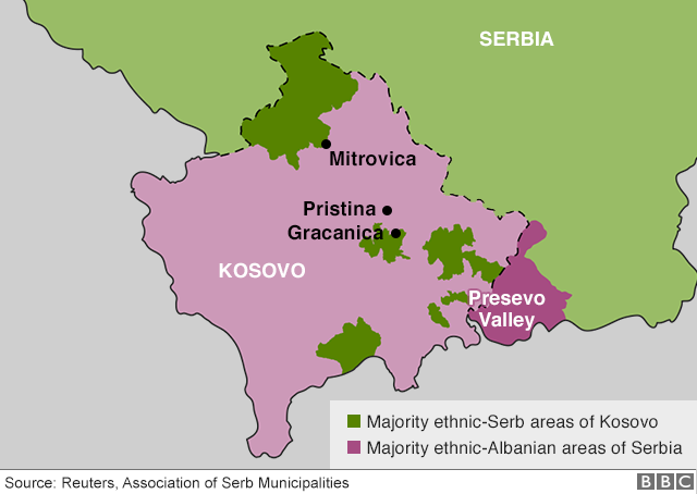 Map showing Kosovo and Serbia