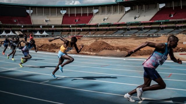 Athletes compete in the final of Men's 800m during the trials for the 2018 Commonwealth Games, at Kasarani Stadium in Nairobi, Kenya, on February 17, 2018