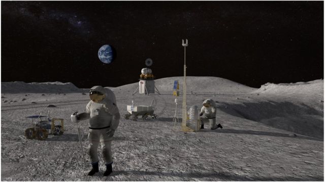 An artist's depiction of Nasa astronauts on the moon for the Artemis mission