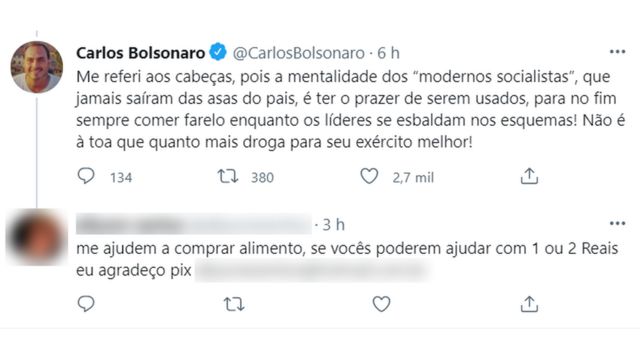 Pedinte postando em resposta a Carlos Bolsonaro no Twitter
