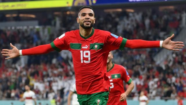 优素福·南西尔在摩洛哥对阵葡萄牙的比赛中进球后庆祝。(photo:BBC)