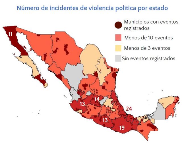 Mapa de casos de violencia entorno a las campañas en México