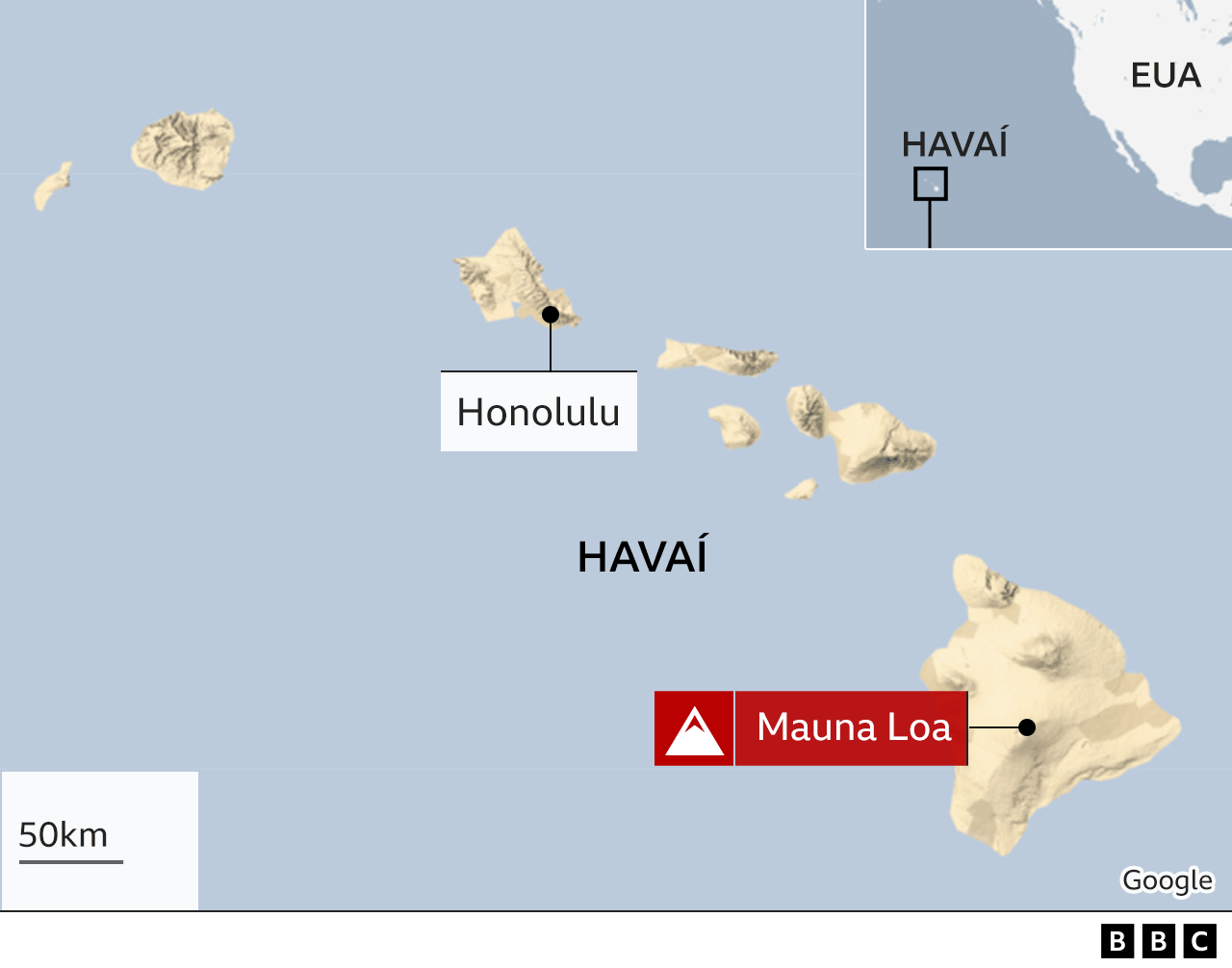 Map of Hawaii showing where the volcano is located