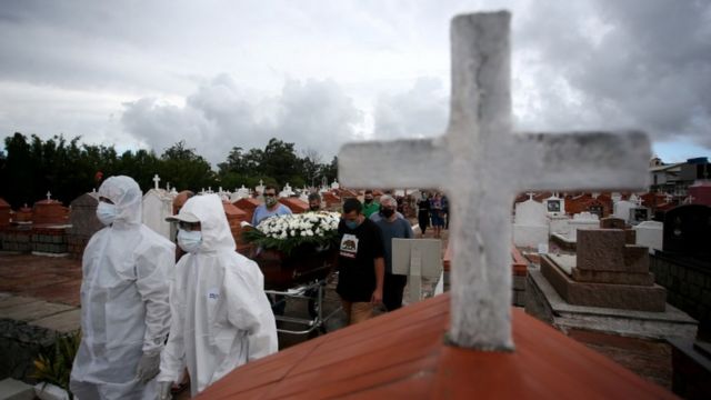 Cruz no cemitério, com dois profissionais inteiramente cobertos por jaleco branco e outras pessoas emfila atrás participando de funeral