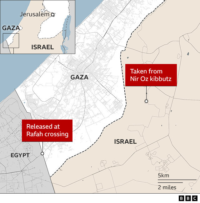 BBC map shows location of Nir Oz kibbutz in Israel and Rafah crossing on the Gaza-Egypt border