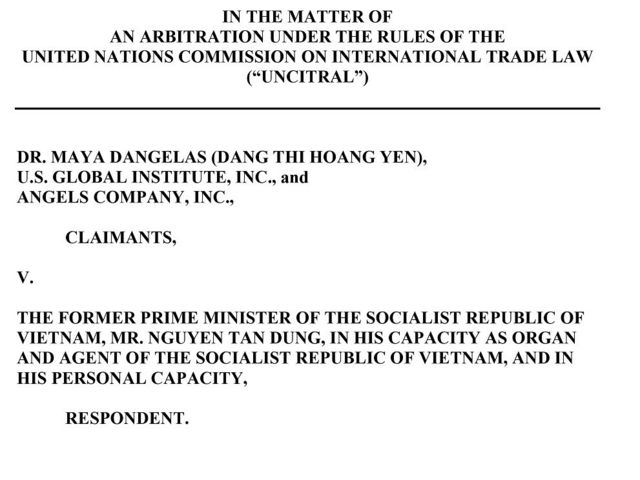 Trang đầu của Thông báo Vụ kiện của Nguyên đơn Đặng Thị Hoàng Yến và Bị đơn Nguyễn Tấn Dũng do văn phòng luật sư Charles Camp gửi cho BBC Tiếng Việt