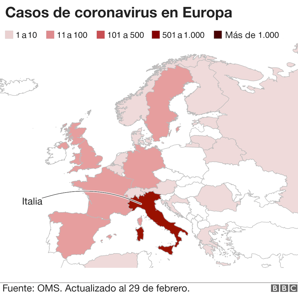 Mapa de casos de coronavirus en Europa.