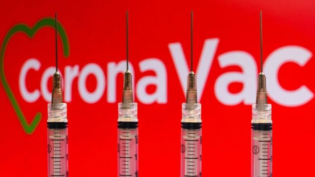 Syringes with CoronaVac logo from behind