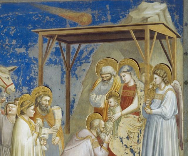 Pintura "Adoración de los magos", de Giotto, que muestra el cometa en la Capilla de los Scrovegni, Padua, Véneto, Italia.