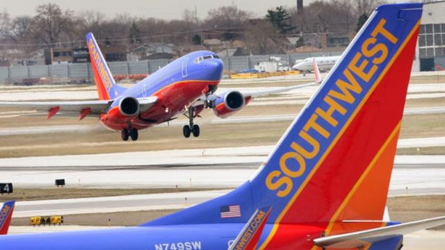A Southwest Airlines jet takes off at Midway Airport in Chicago
